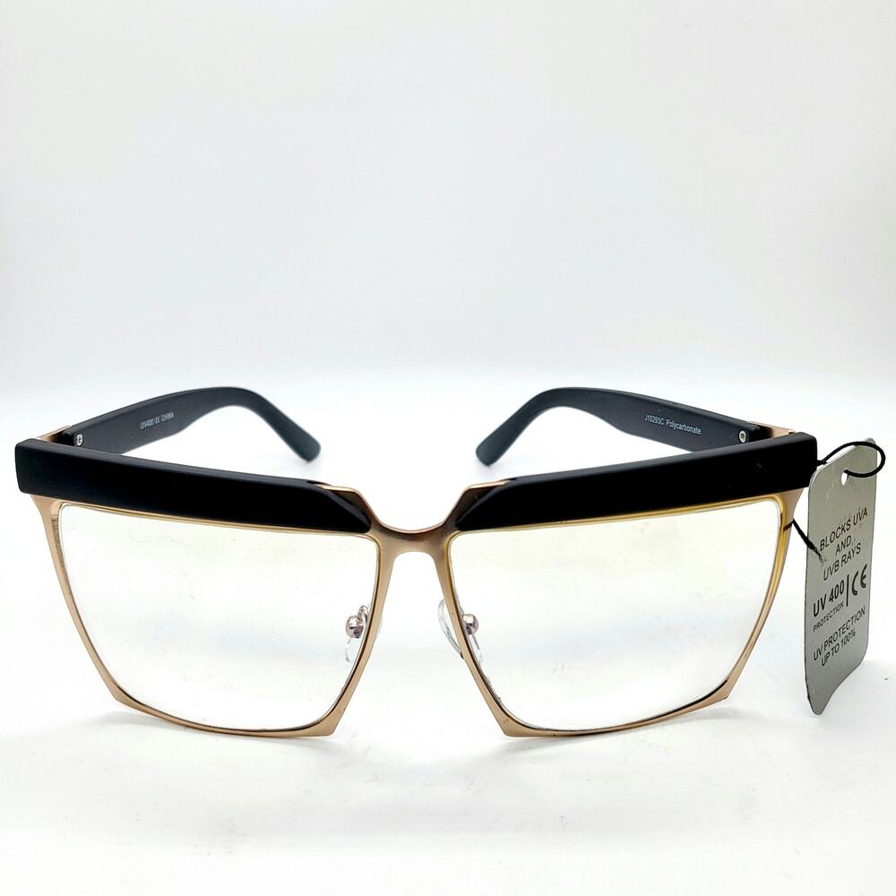 NWT Black & Gold Oversized Rectangular Frame UV 400 Two-Toned Sunglasses
